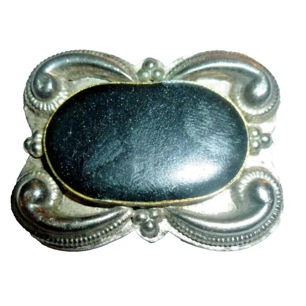 Vintage Brooch SilverTone Black Acrylic Cabochon Pin Faux Onyx